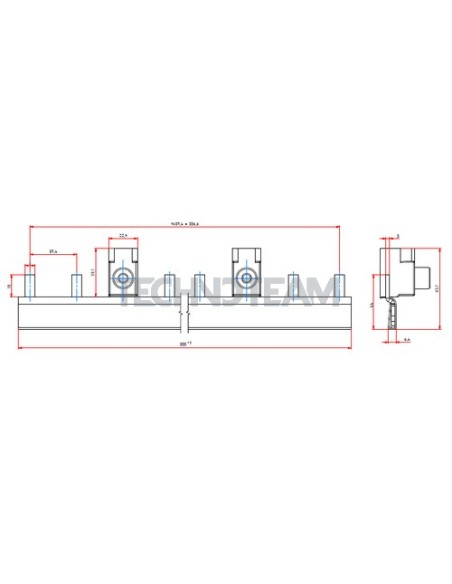 Busbar 30mm2 isolated+lateral feeder 1P 1500VDC 4x37,4mm EK