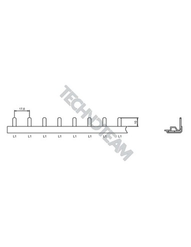 Busbar pin 1pole 90° isolated distance 17,6mm