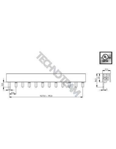 Busbar isolated pin 2poles 1000VDC 18mm2 56x17,8mm 90° UL