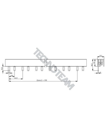 Busbar isolated pin 2poles 1000VDC 25mm2 46x17,8mm 90° UL