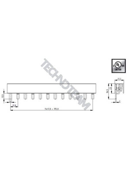 Barra isolata pin 2p 1000VDC 25mm2 56x17,8mm 90° UL