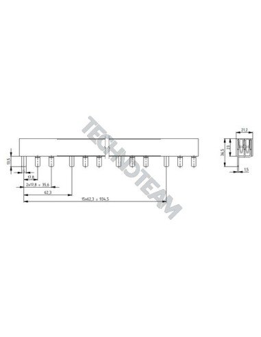 Busbar isolated pin 3poles 1000VDC 25mm2 48x17,8mm 90° UL
